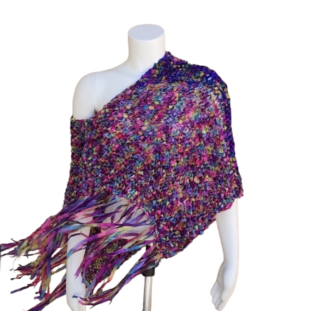 VINTAGE HANDMADE Ribbon Weave Woven Shawl Cocoon Poncho Top Ombre Purple Y2K - Picture 2 of 16